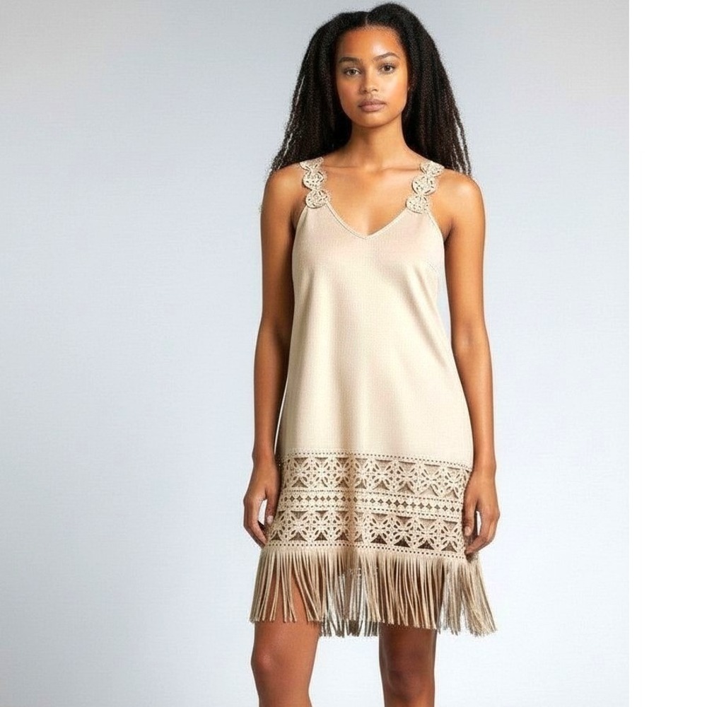 I. Madeline Tan Faux Suede Fringe Laser Cut Shift Dress Beige Medium NWT